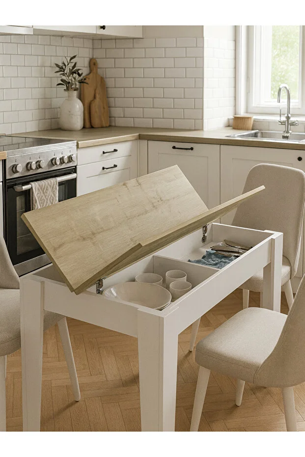 Tatyos Kapaklı Yemek Masası - Gizli Bölmeli Mutfak Masası Beyaz-Safir 110cm